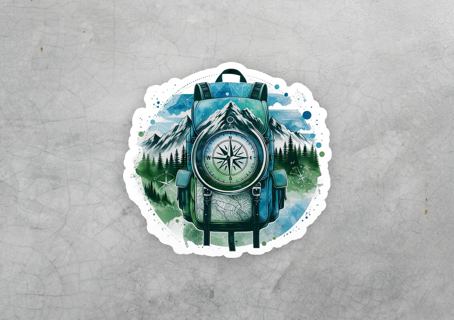 a sticker of a backpack with a compass on it
