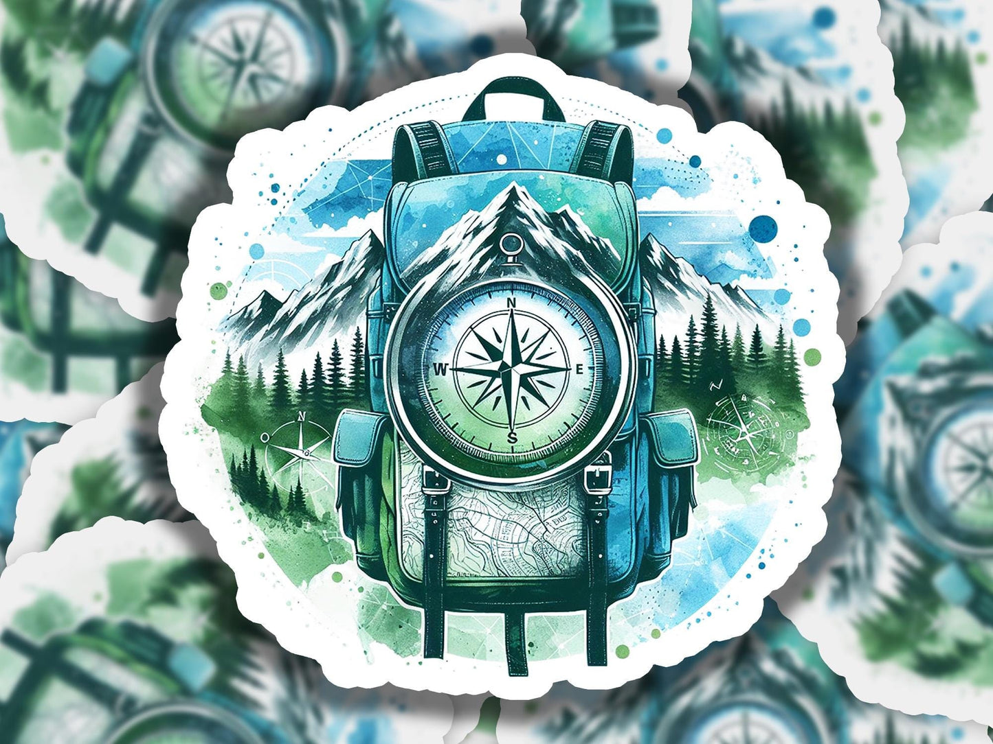 a drawing of a backpack with a compass on it