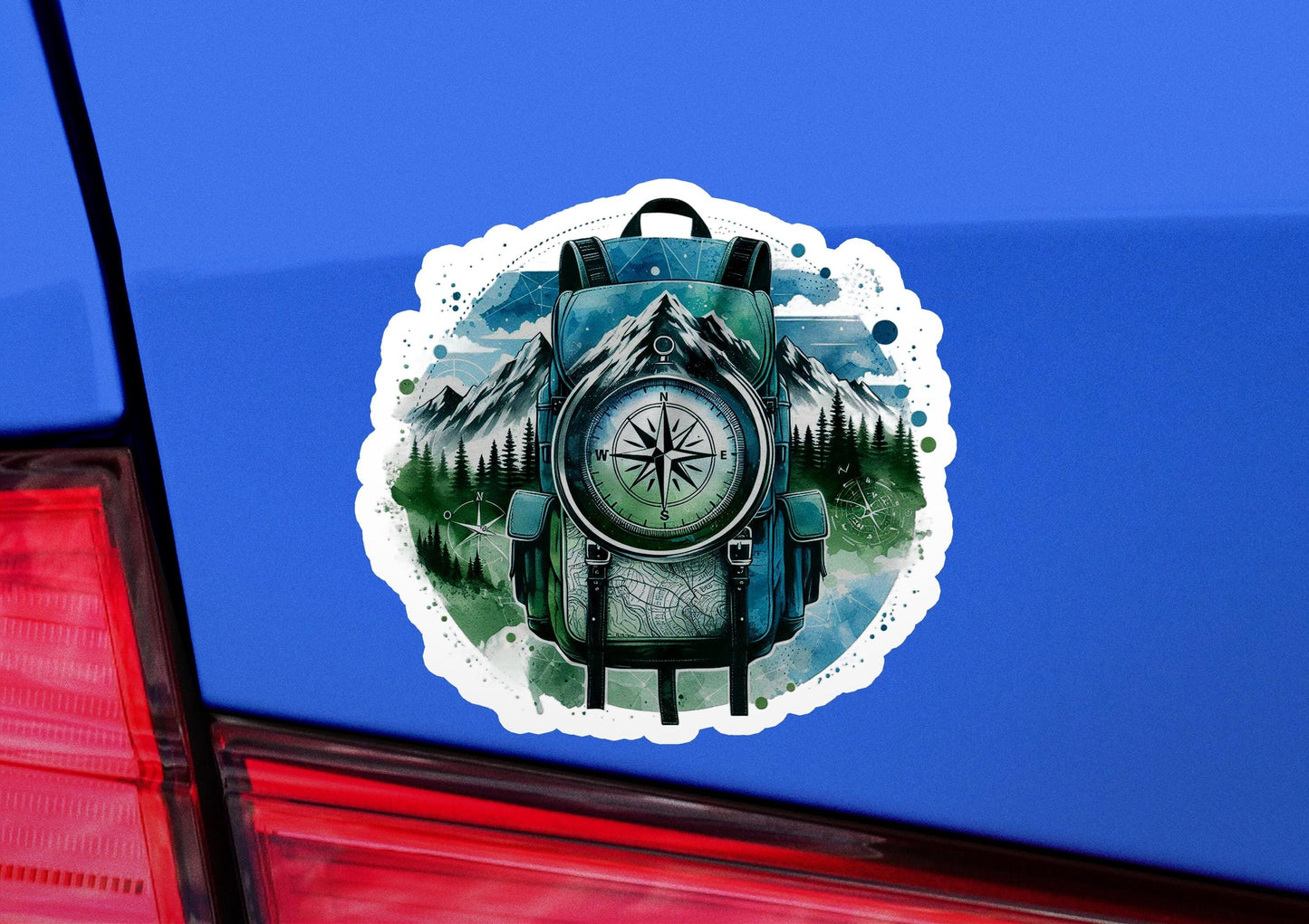 a sticker of a compass on the back of a car