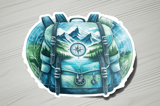 a sticker of a backpack with a compass on it