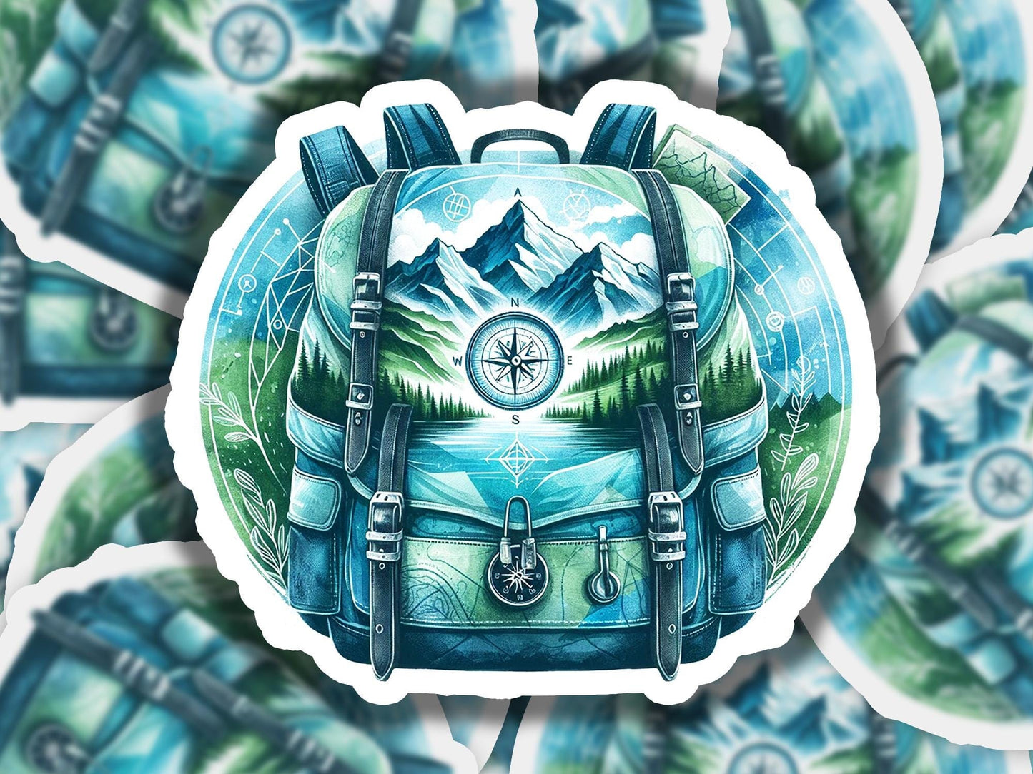 a sticker of a backpack with a compass on it