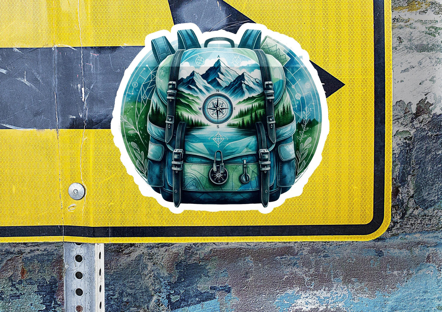 a sticker of a backpack with a compass on it