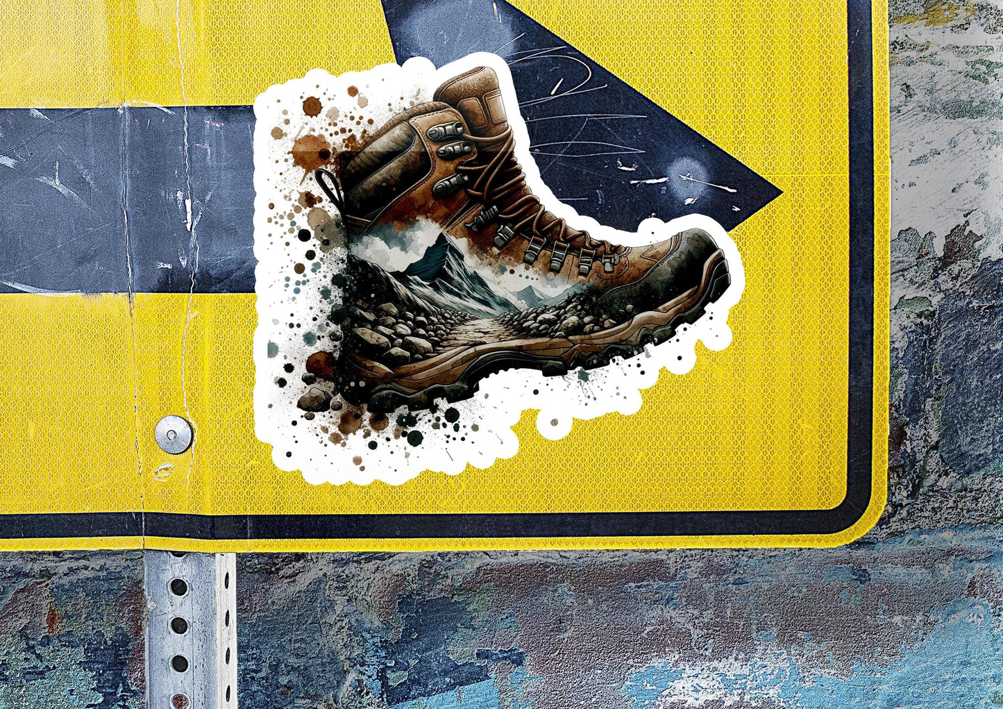 a sticker of a pair of hiking boots on a street sign