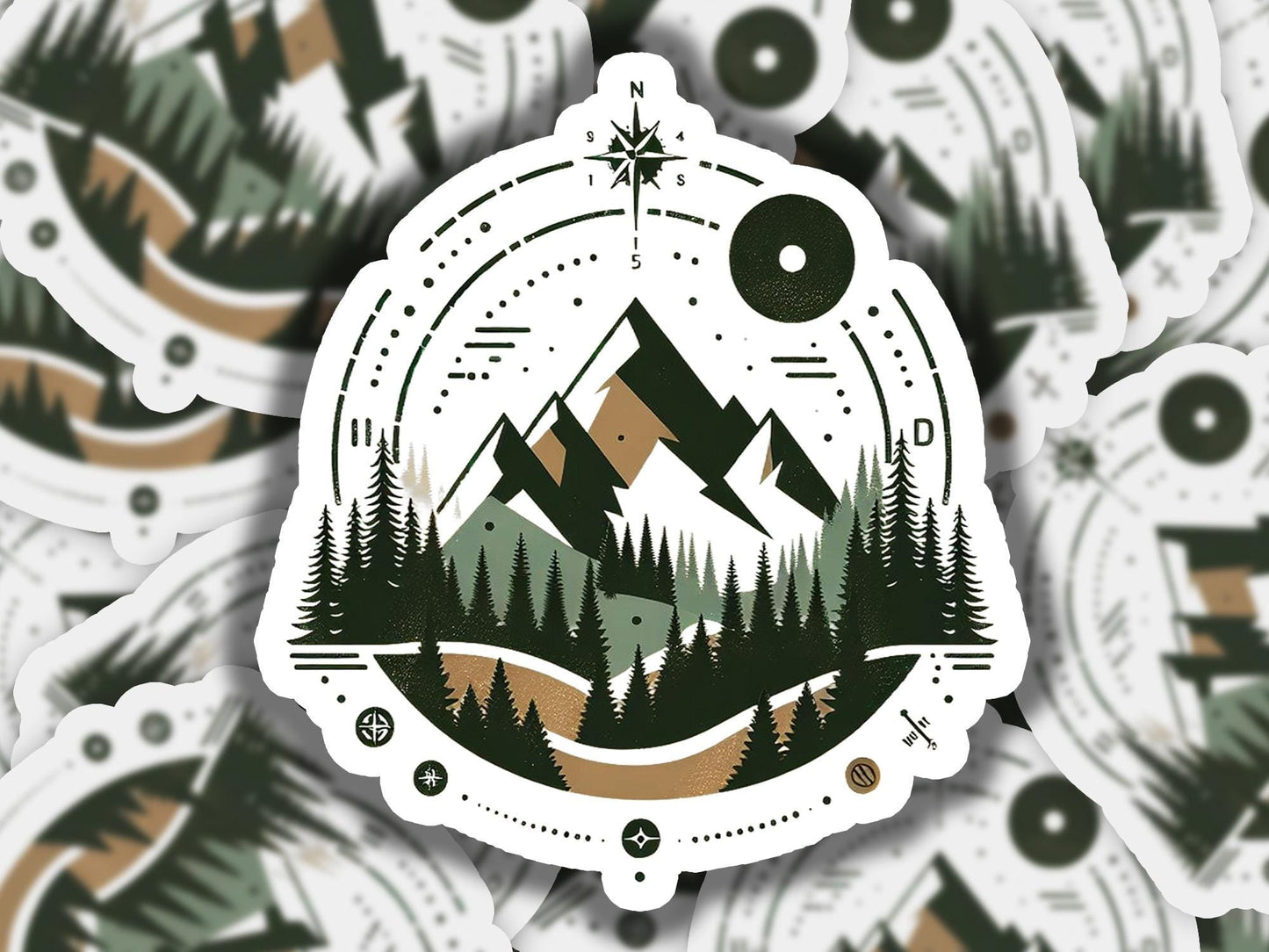 a sticker of a mountain with a forest scene