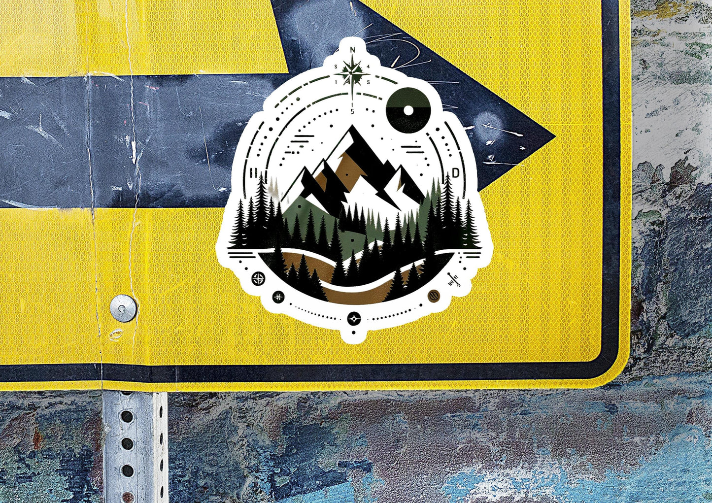 a yellow and black sign with a picture of a mountain