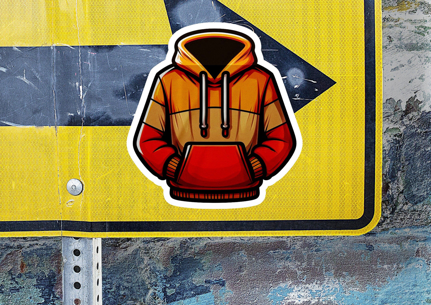 a sticker of a hooded sweatshirt on a yellow sign