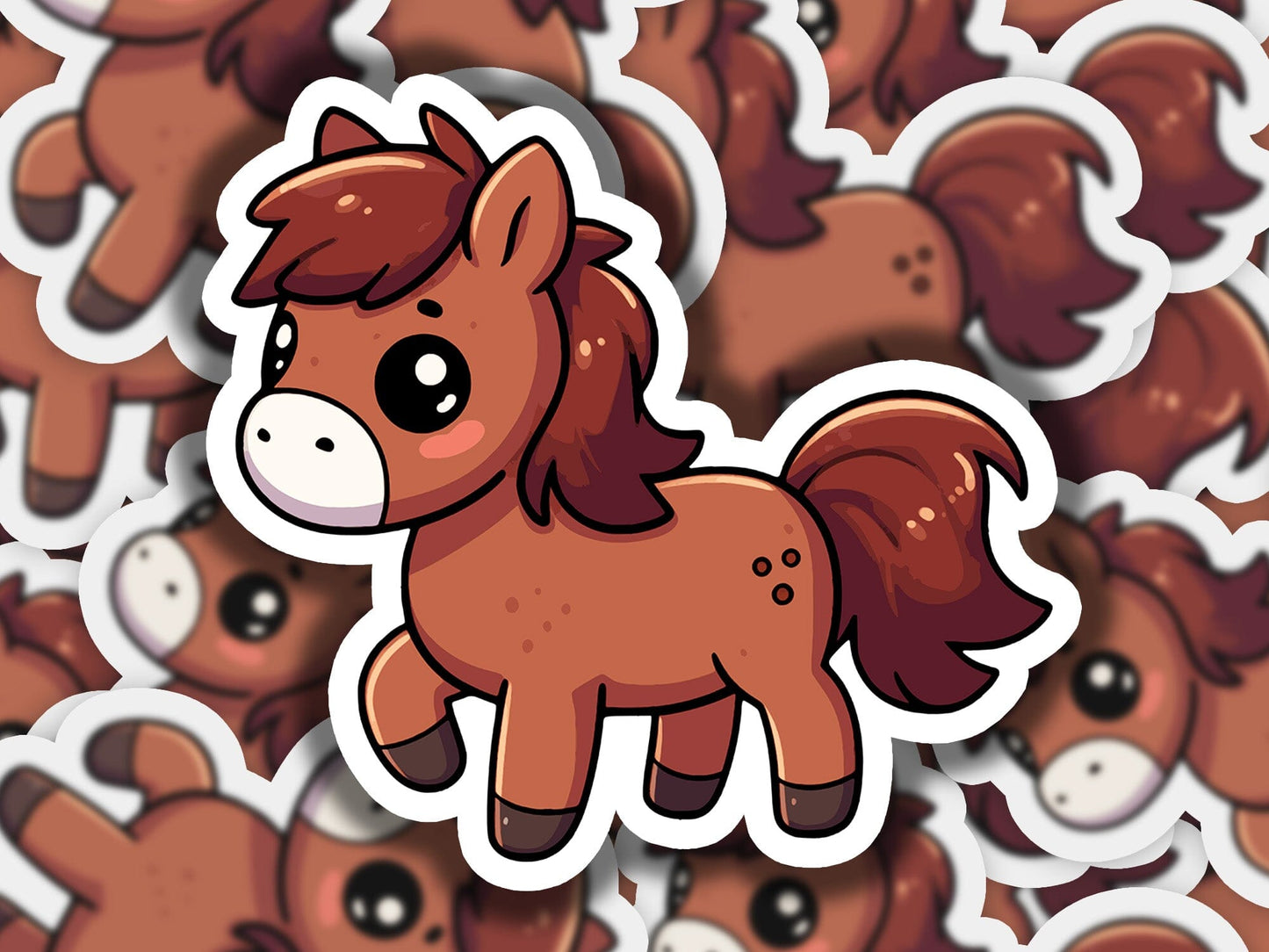 a sticker of a brown horse surrounded by smaller brown horses