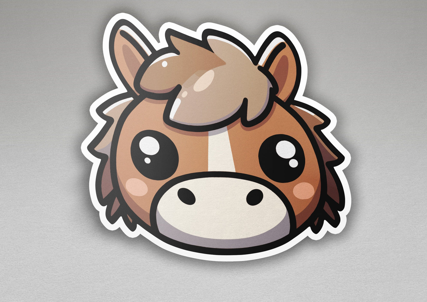 a sticker of a brown and white horse with a big nose