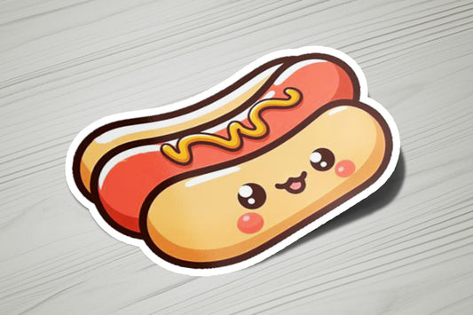 a sticker of a hot dog with mustard on it