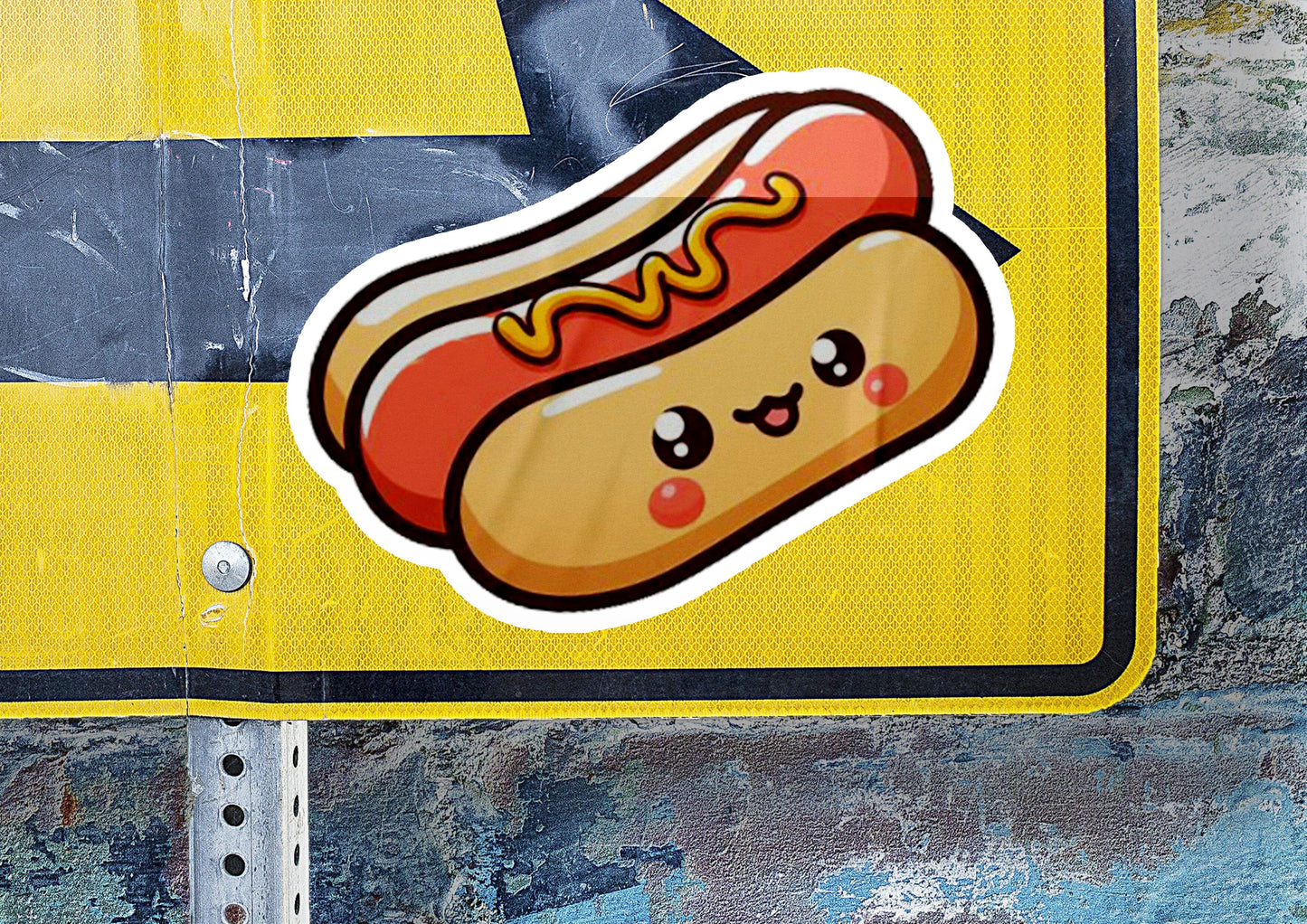 a close up of a street sign with a hot dog on it