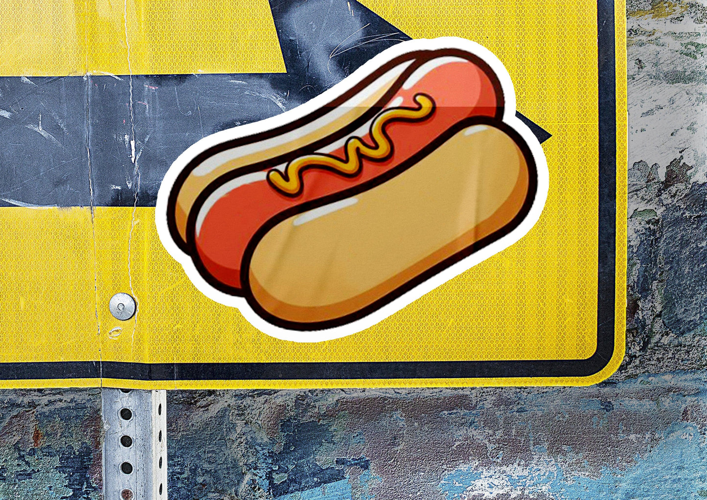 a close up of a street sign with a hot dog on it