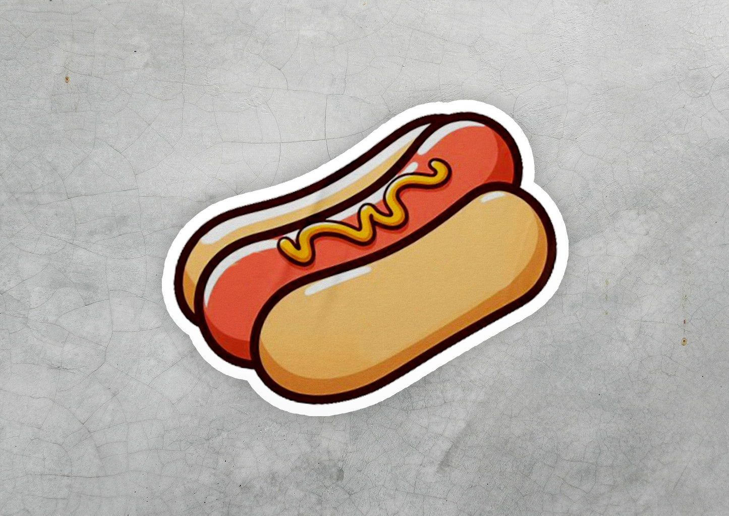 a sticker of a hot dog with mustard on it