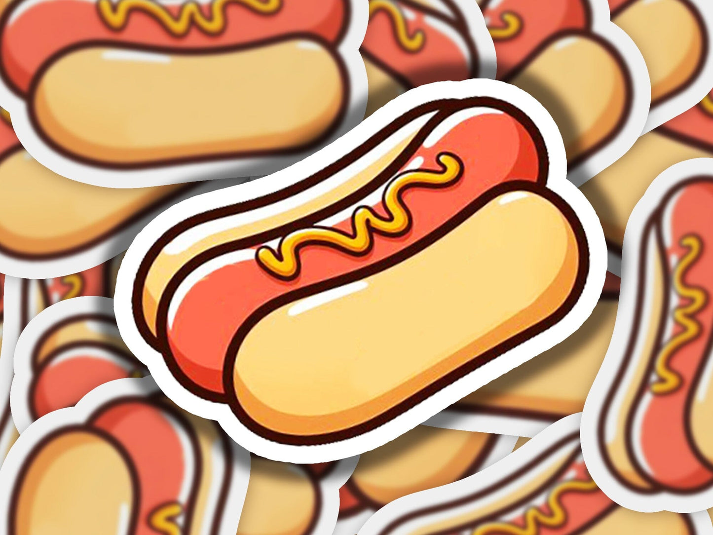 a sticker of a hot dog on a pile of hot dogs