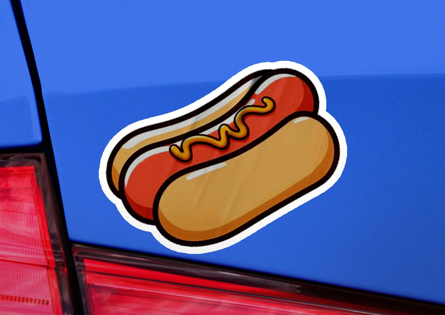 a hot dog sticker on the back of a car