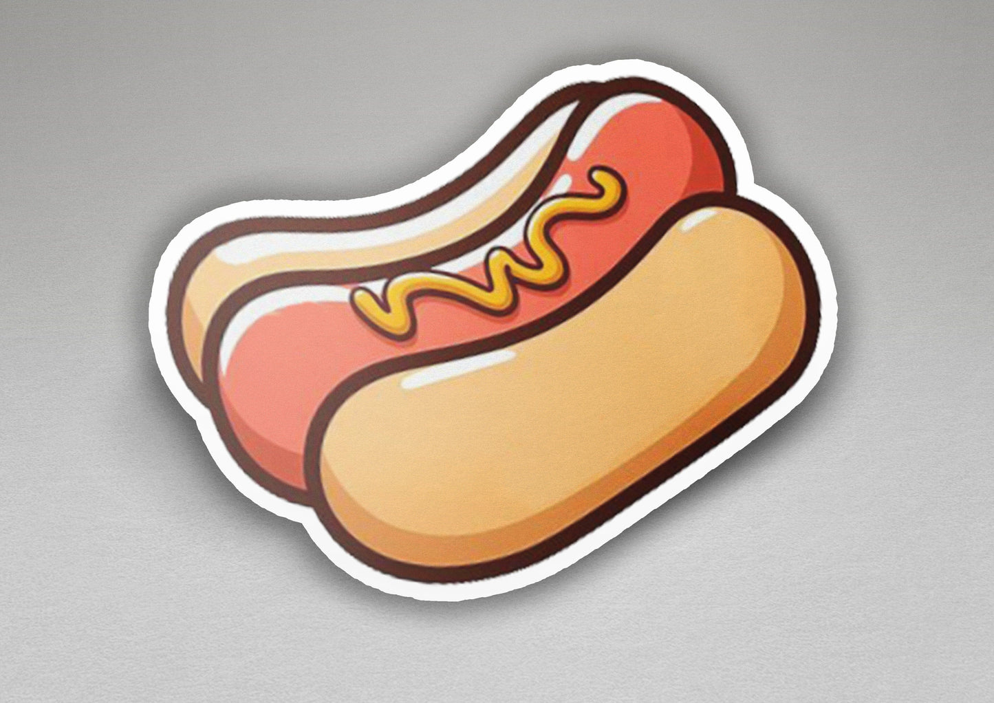 a sticker of a hot dog with mustard on it