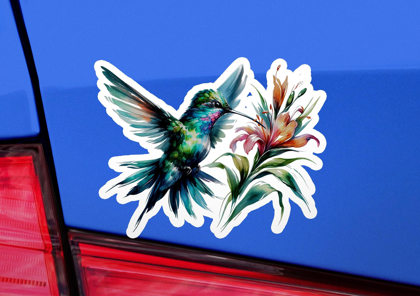 a sticker of a hummingbird on the back of a car