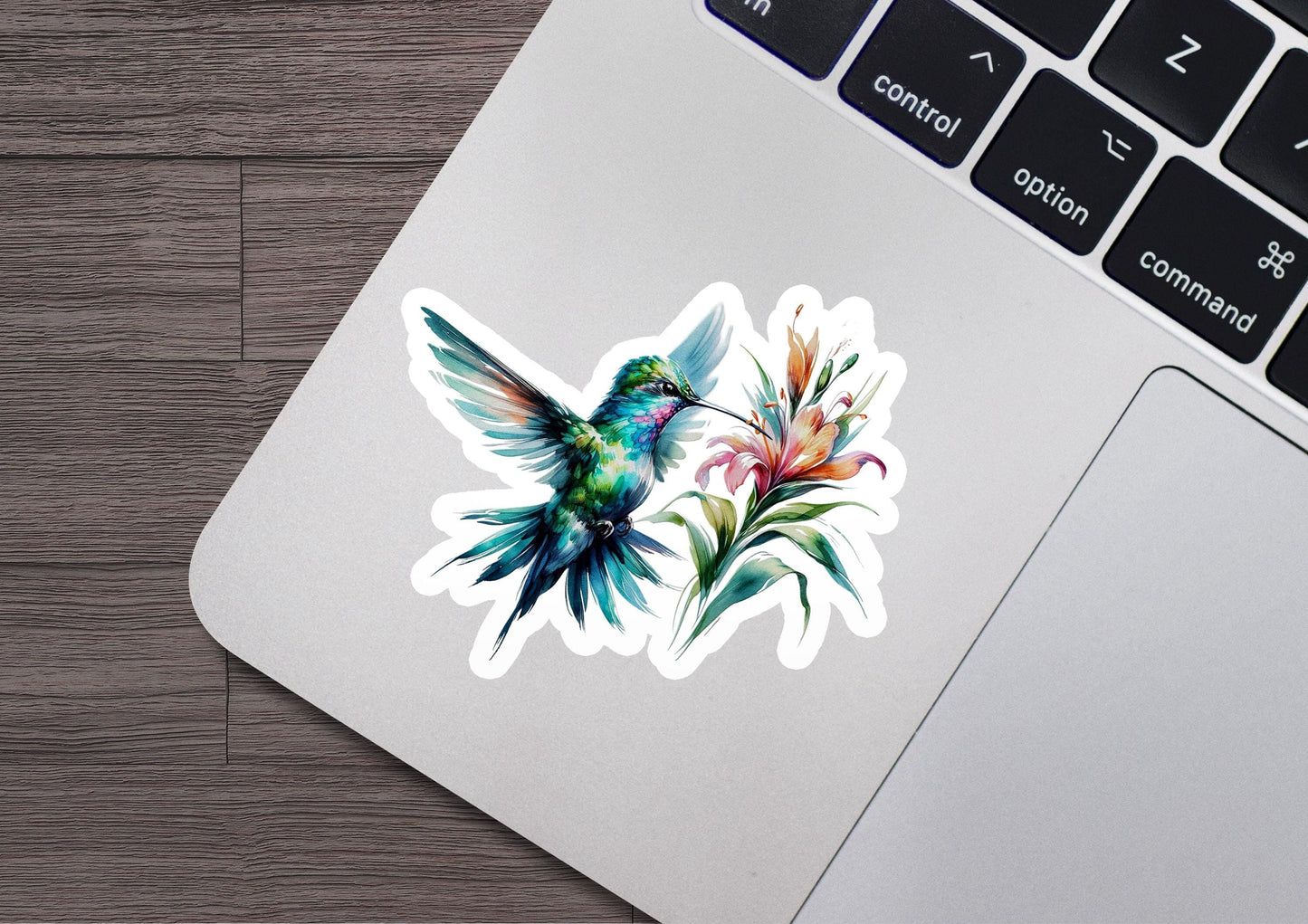 a laptop with a sticker of a hummingbird on it