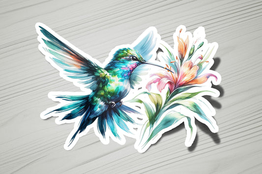 a sticker of a bird with a flower in its beak