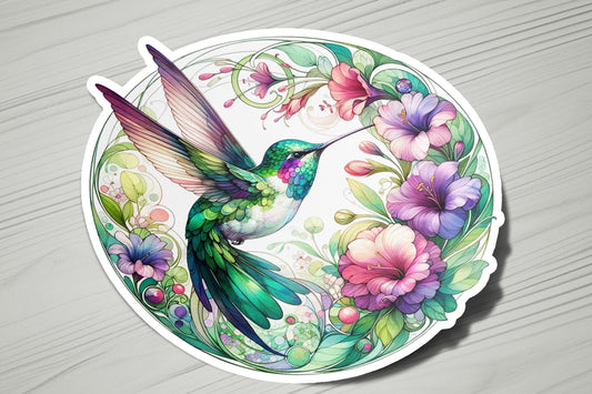a sticker with a hummingbird and flowers on it