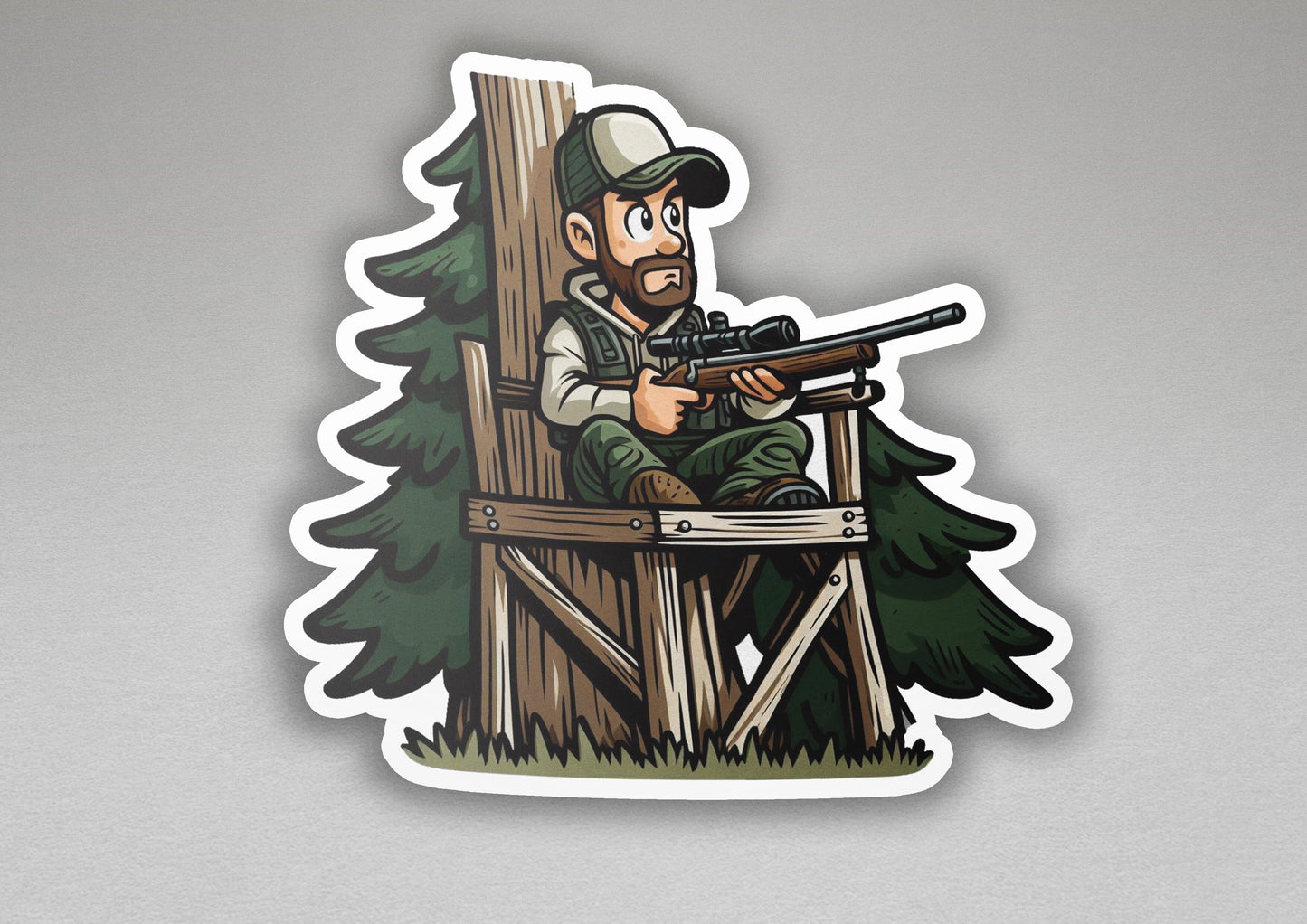 a sticker of a man sitting in a chair with a gun