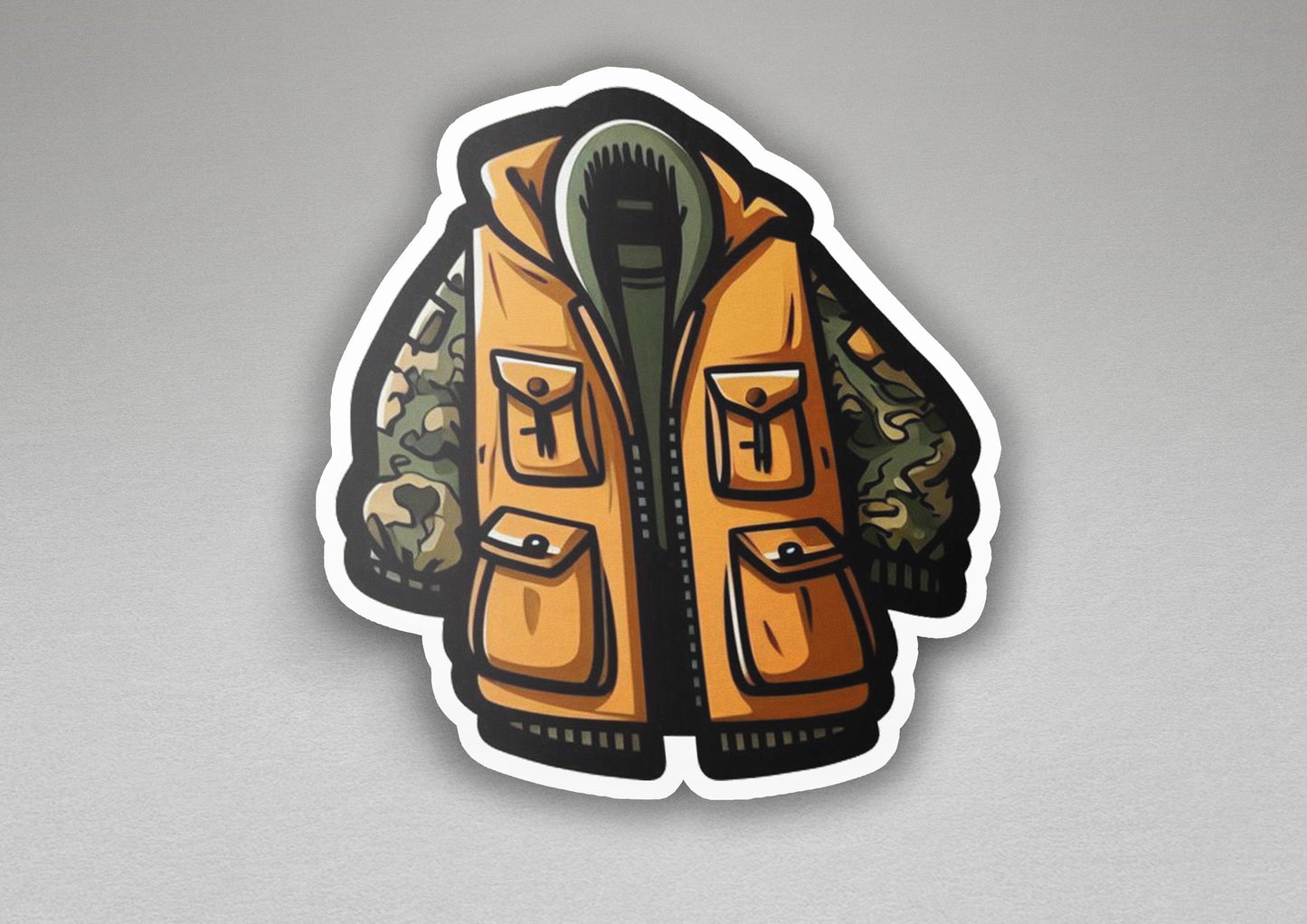 a sticker of a yellow jacket with a green hood