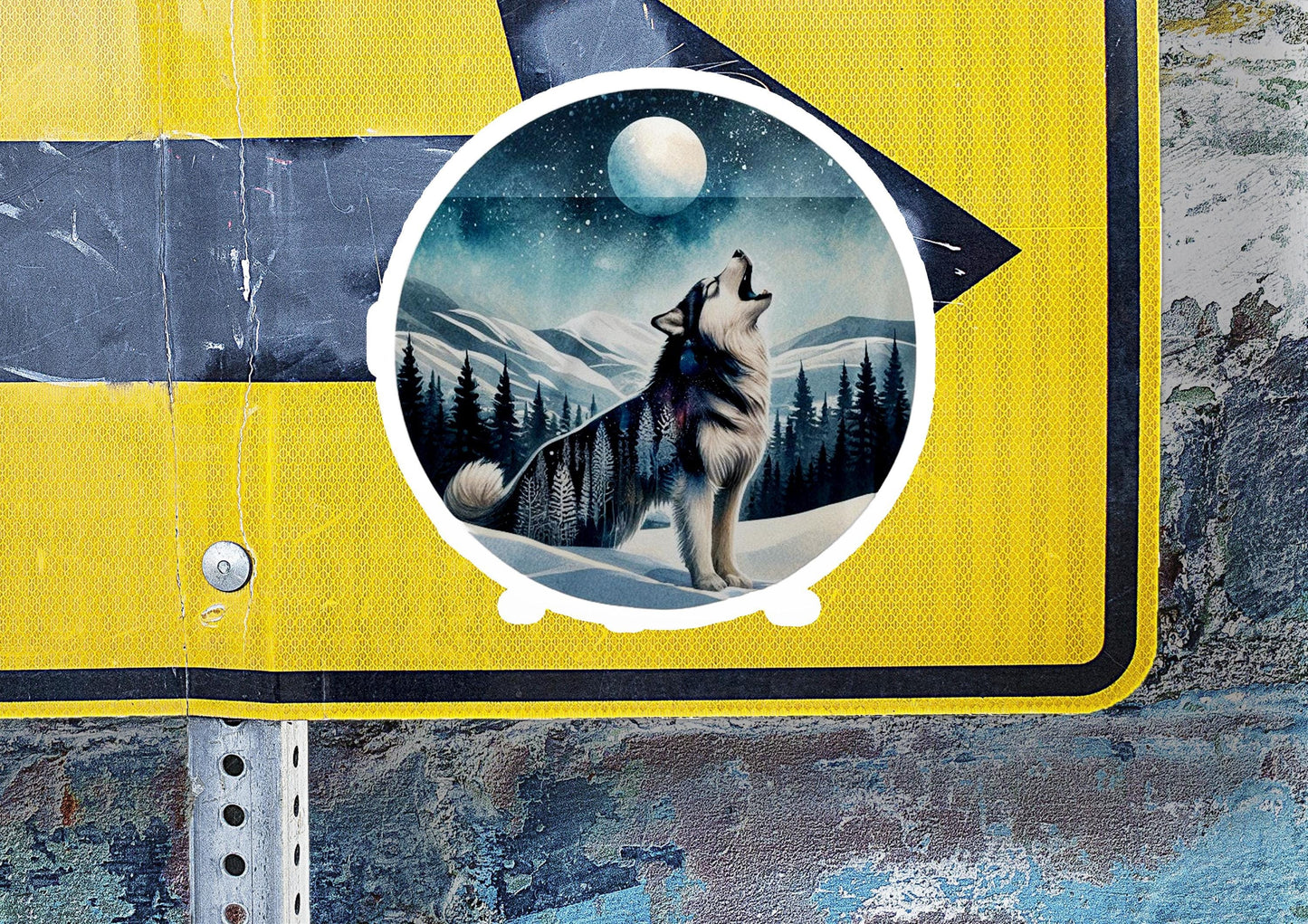 a yellow sign with a picture of a wolf on it