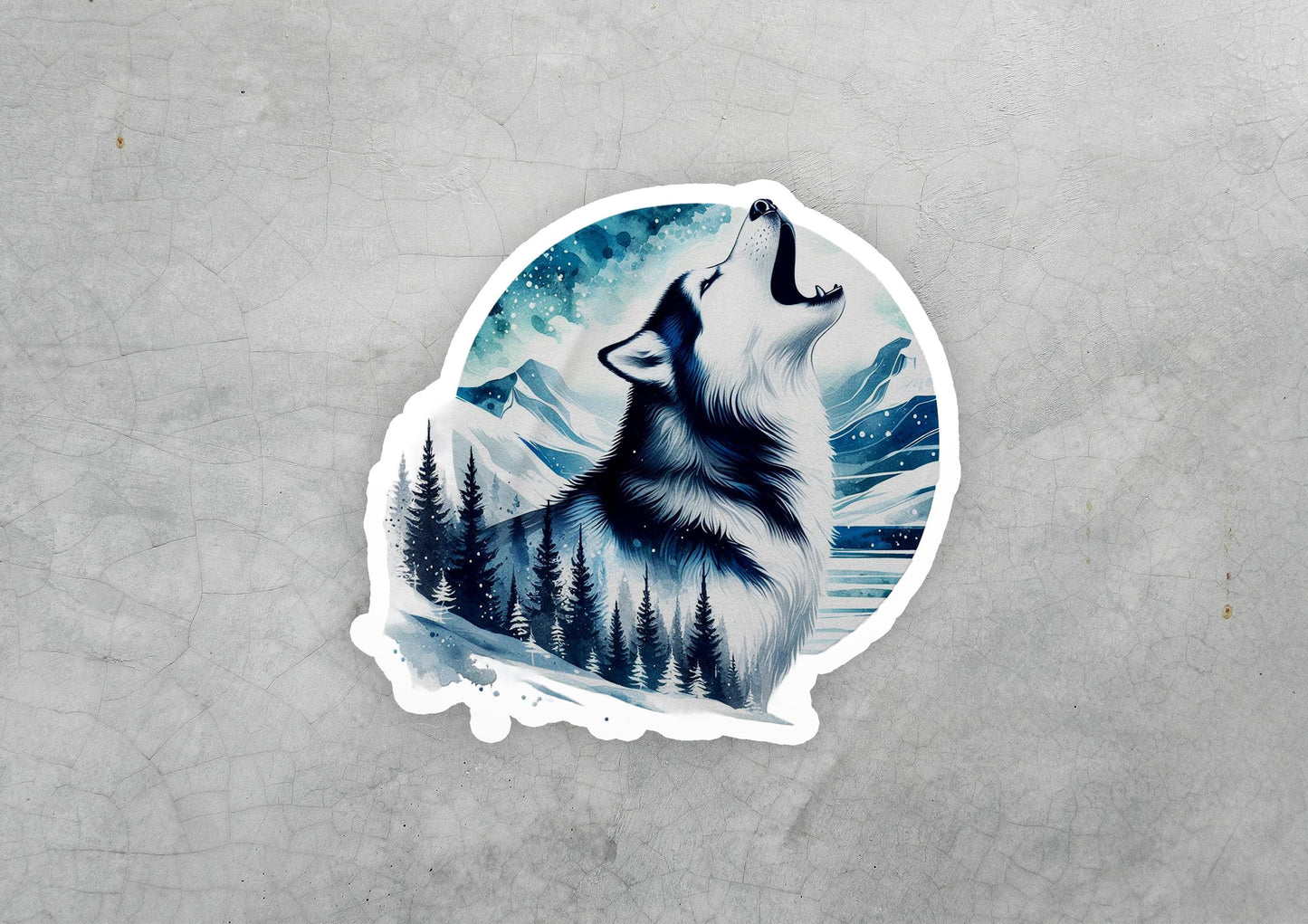 a sticker of a wolf with a mountain scene in the background