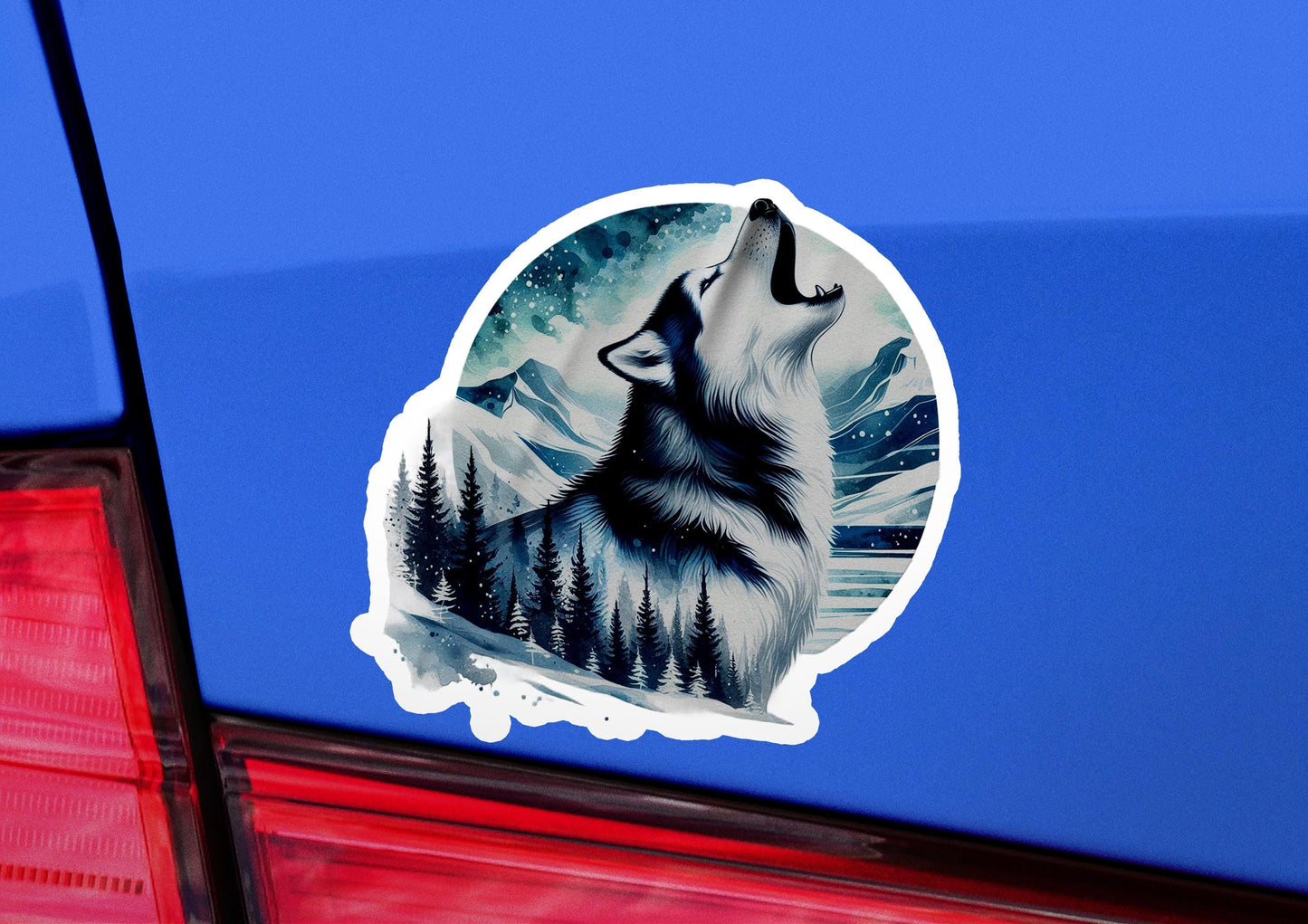 a sticker of a wolf on the back of a car