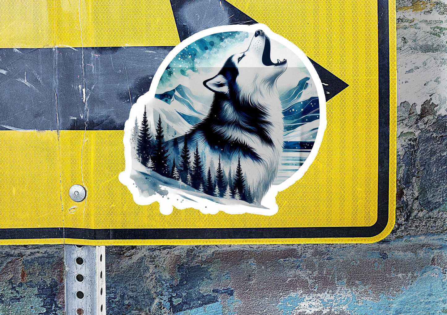 a sticker of a wolf on a road sign