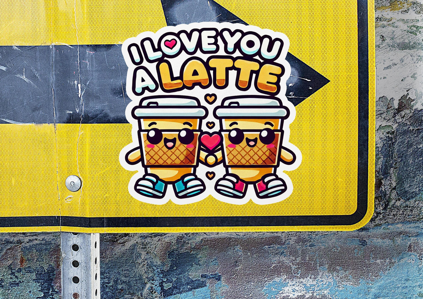 a yellow street sign with two stickers on it