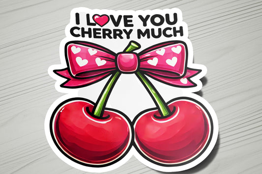 a sticker of two cherries with a bow