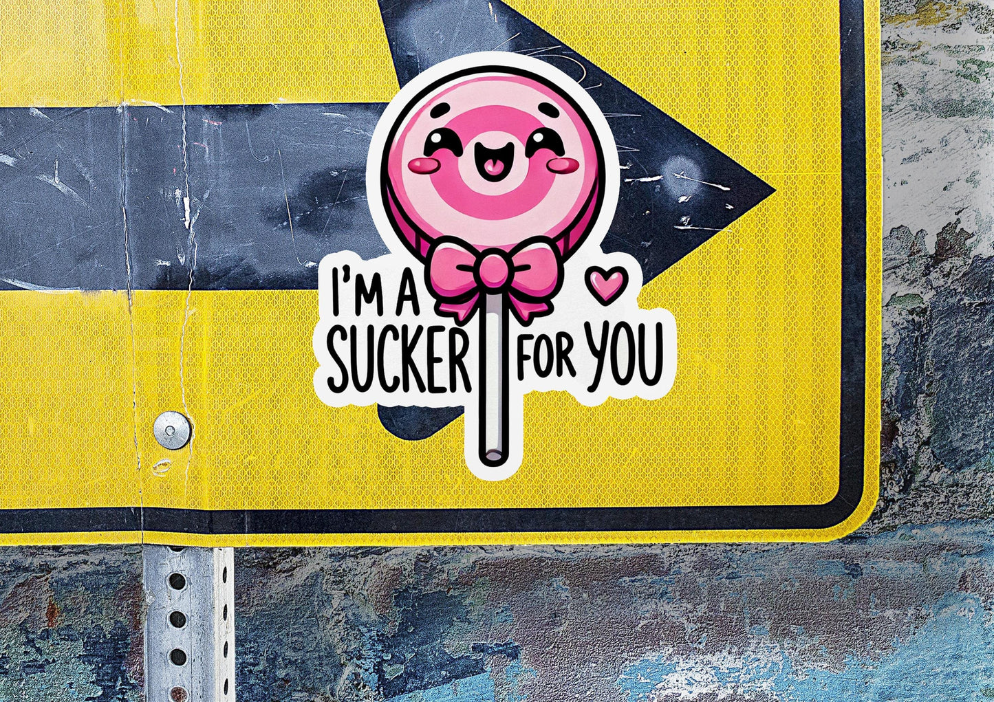 a street sign with a sticker of a lollipop on it