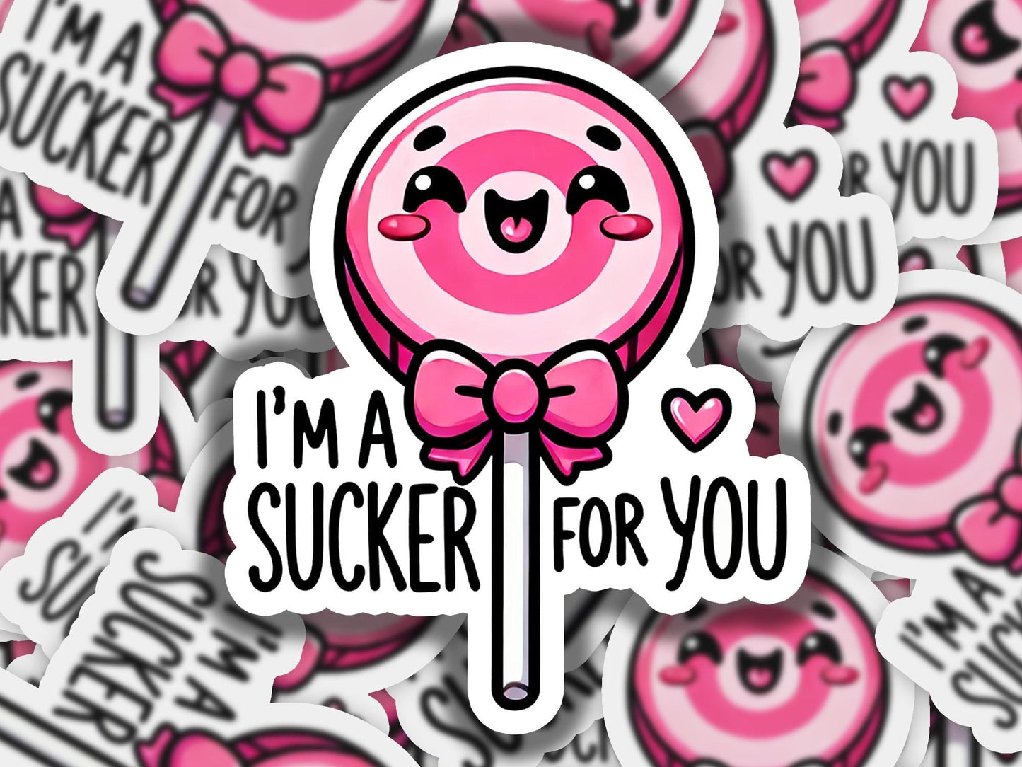 a bunch of stickers with a pink candy on top of it