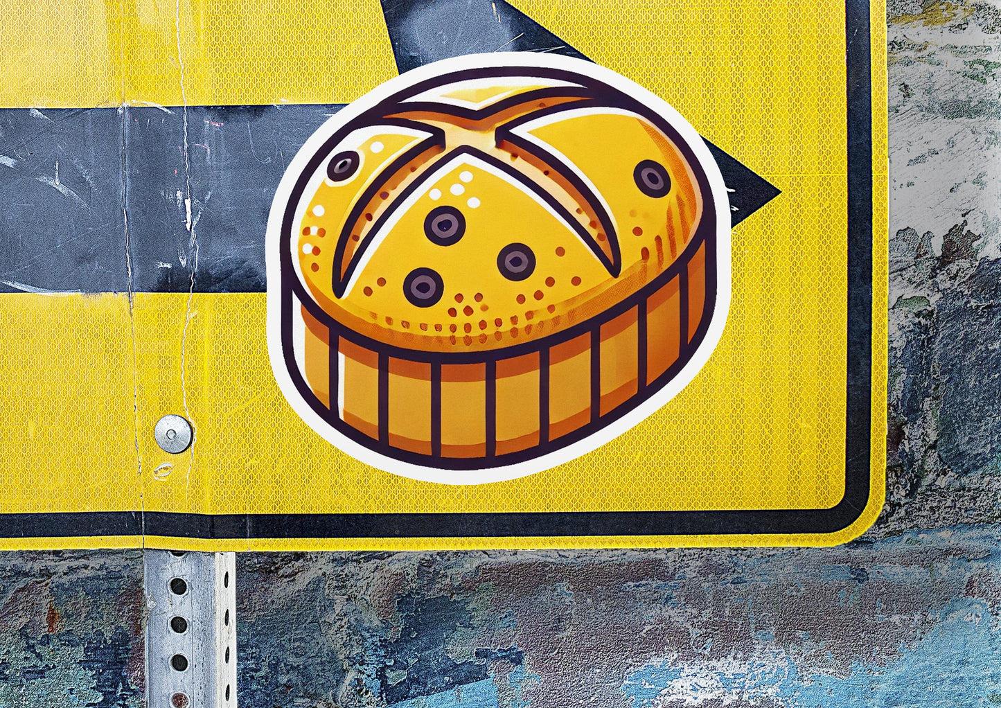 a close up of a street sign with a picture of a pastry