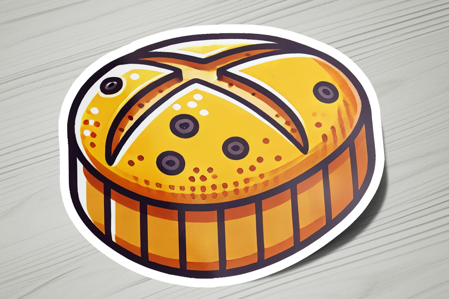 a sticker with a picture of a cake on it