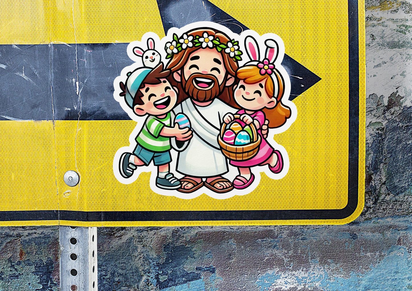a yellow street sign with a picture of jesus and two children
