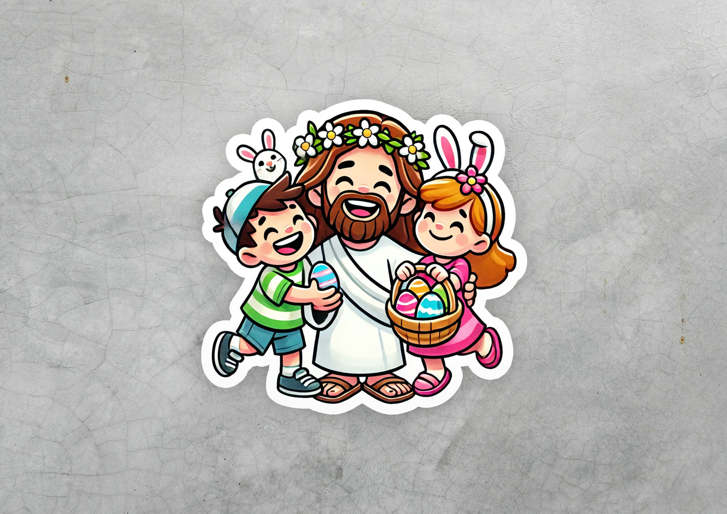 a sticker of jesus with two children