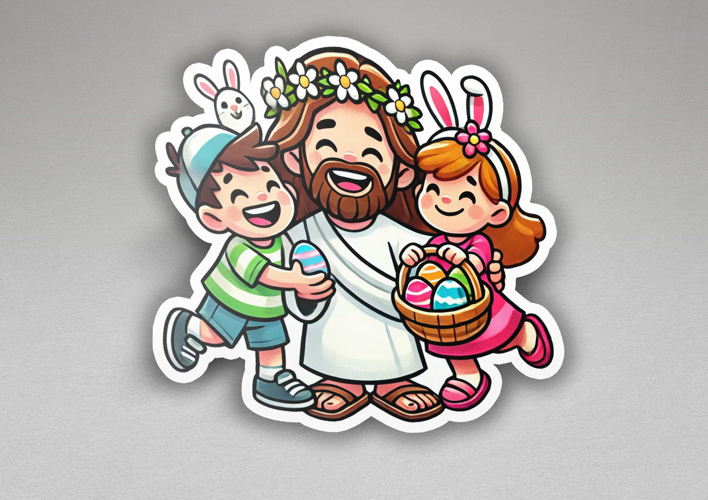 a sticker of jesus with two children