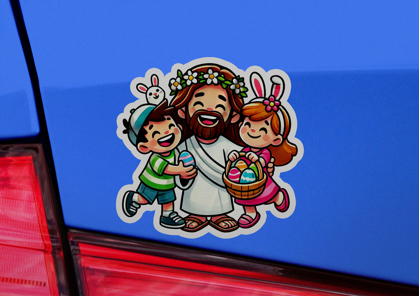 a car with a sticker of jesus holding a child