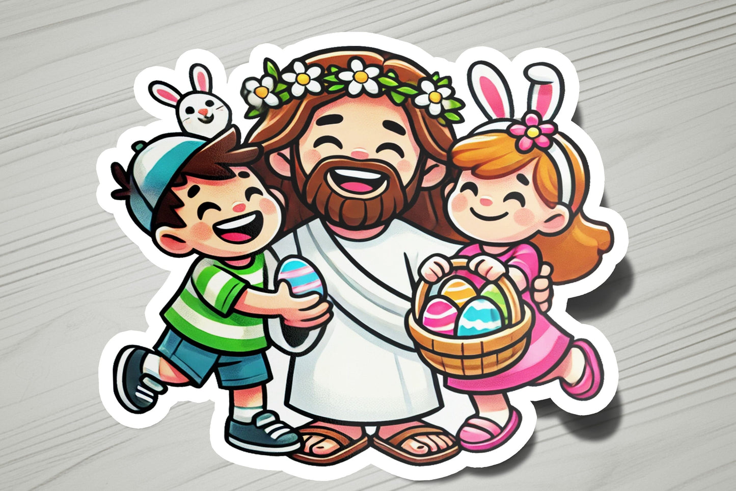 a sticker of jesus with two children