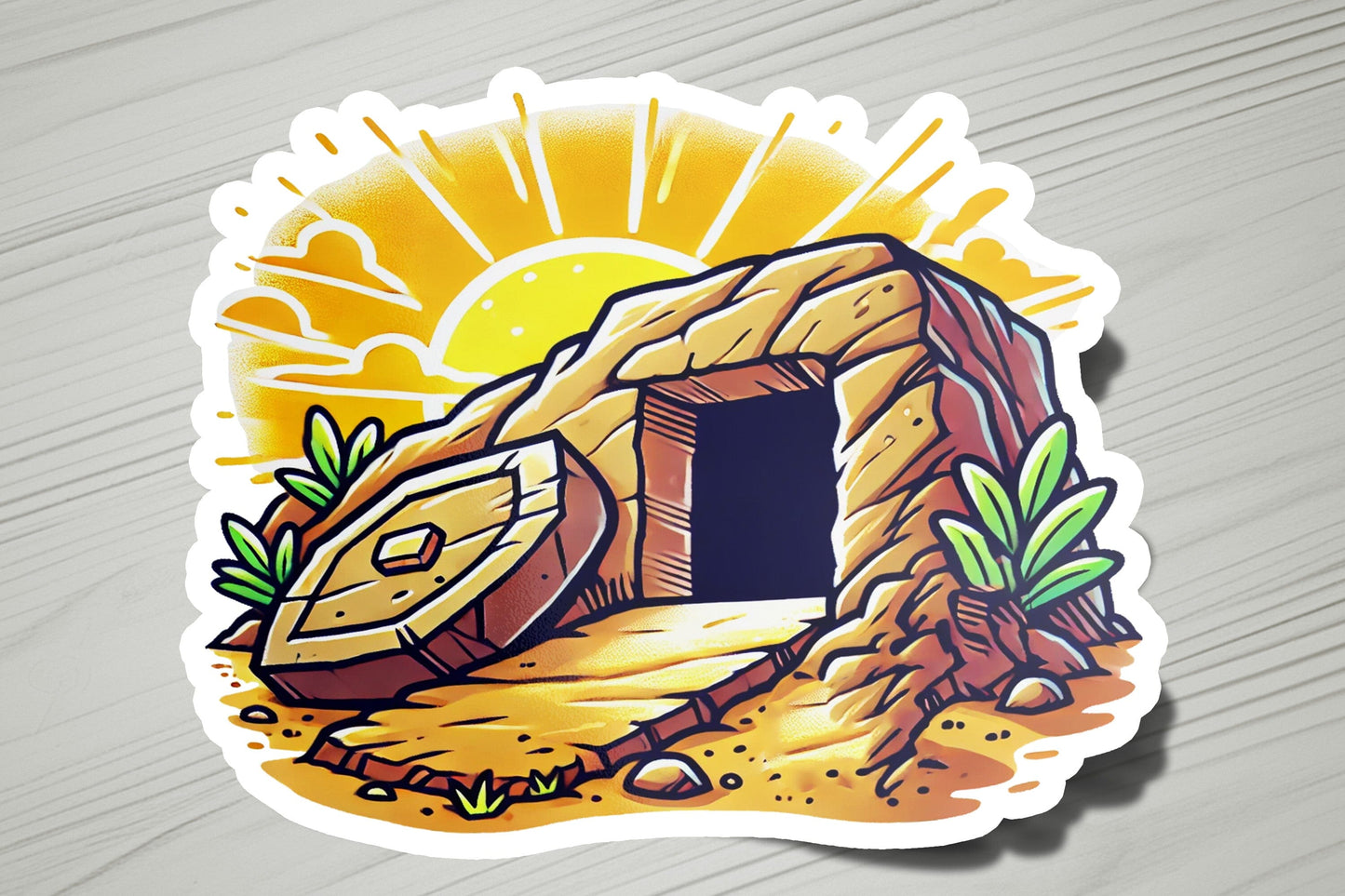 a sticker of a cave in the desert