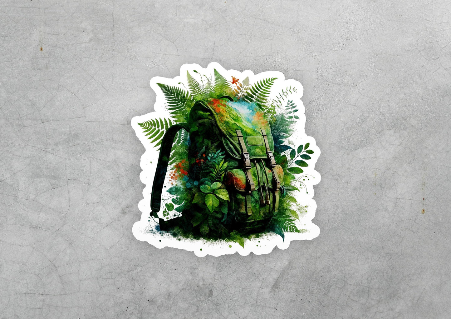 a sticker of a backpack with leaves on it