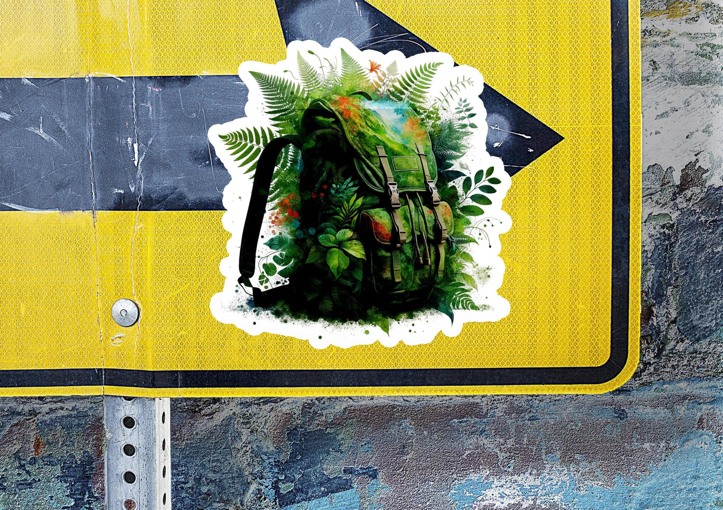 a sticker of a backpack on a street sign