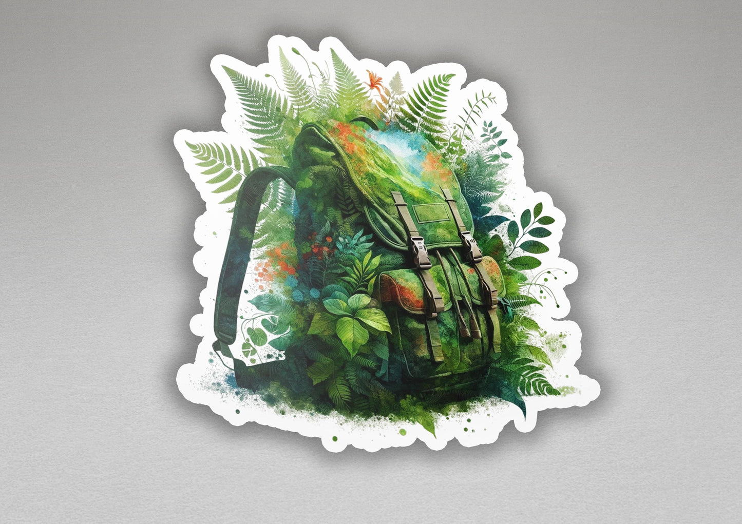 a sticker of a backpack with leaves on it