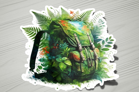 a sticker of a backpack in the middle of a forest
