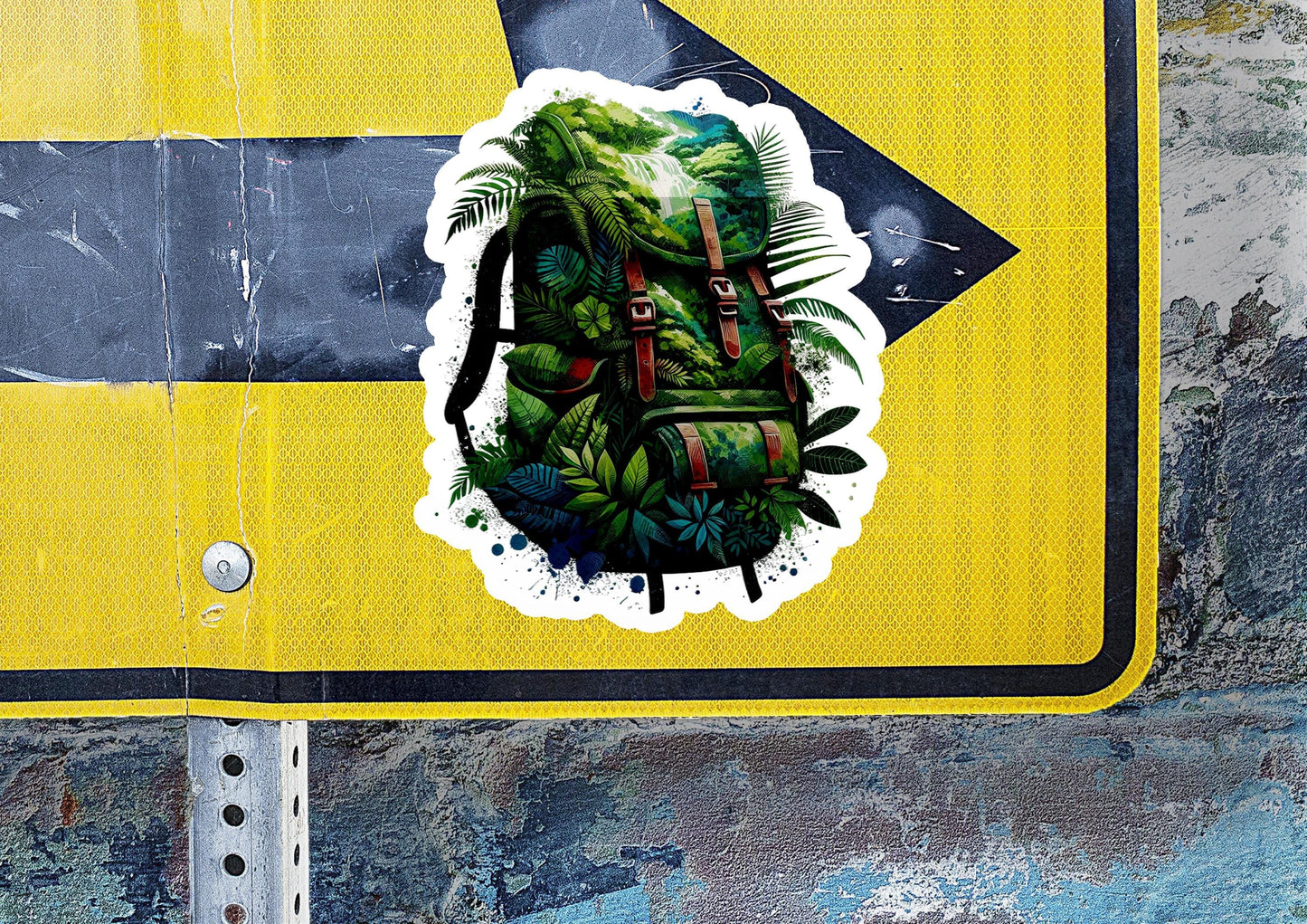 a sticker of a backpack on a street sign