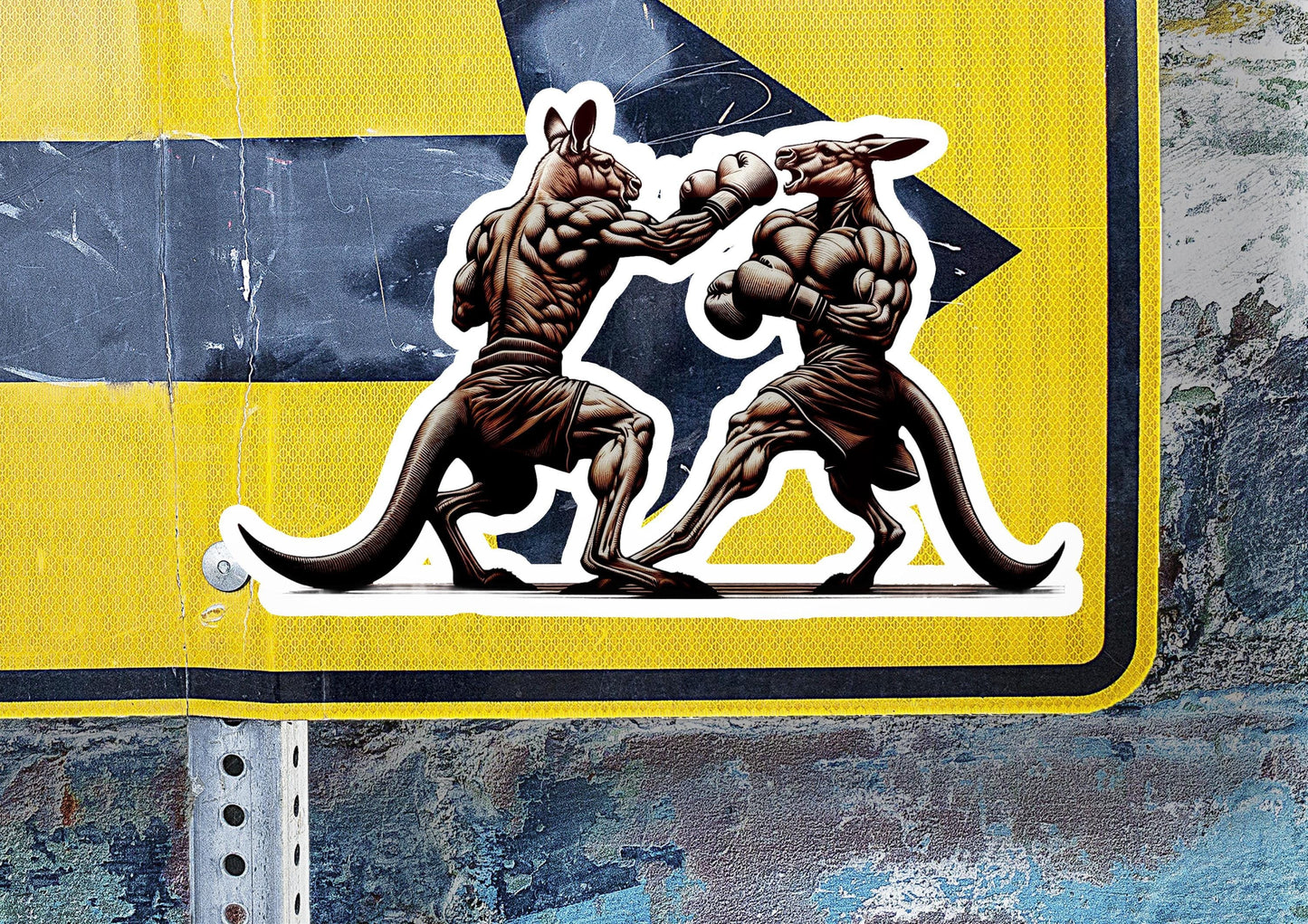 a sticker of two men fighting each other