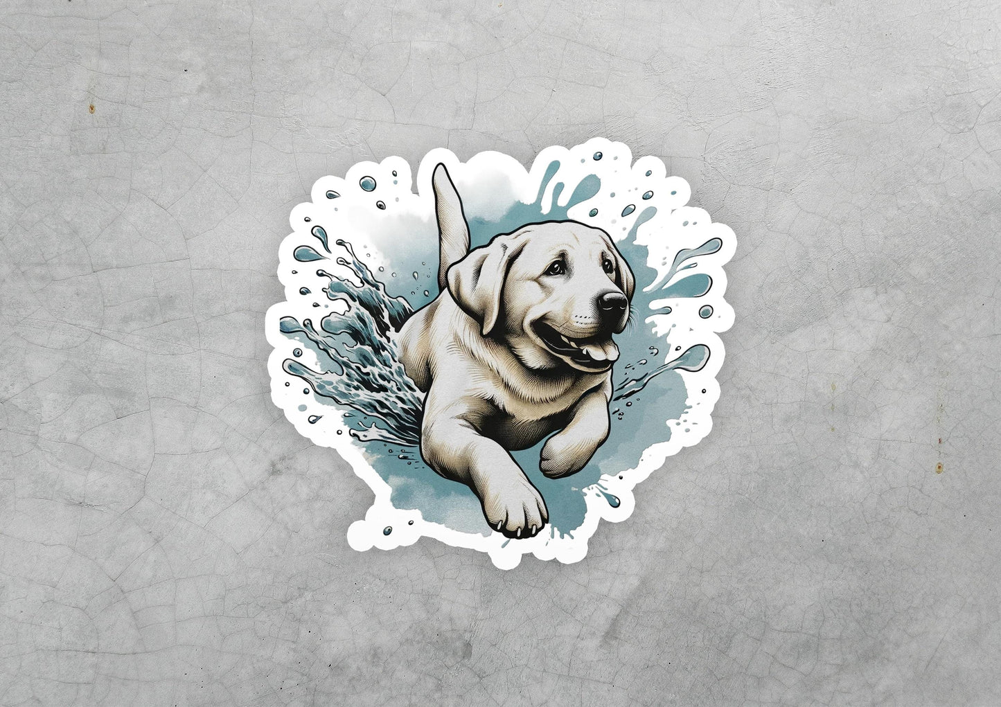 a sticker of a dog running through water