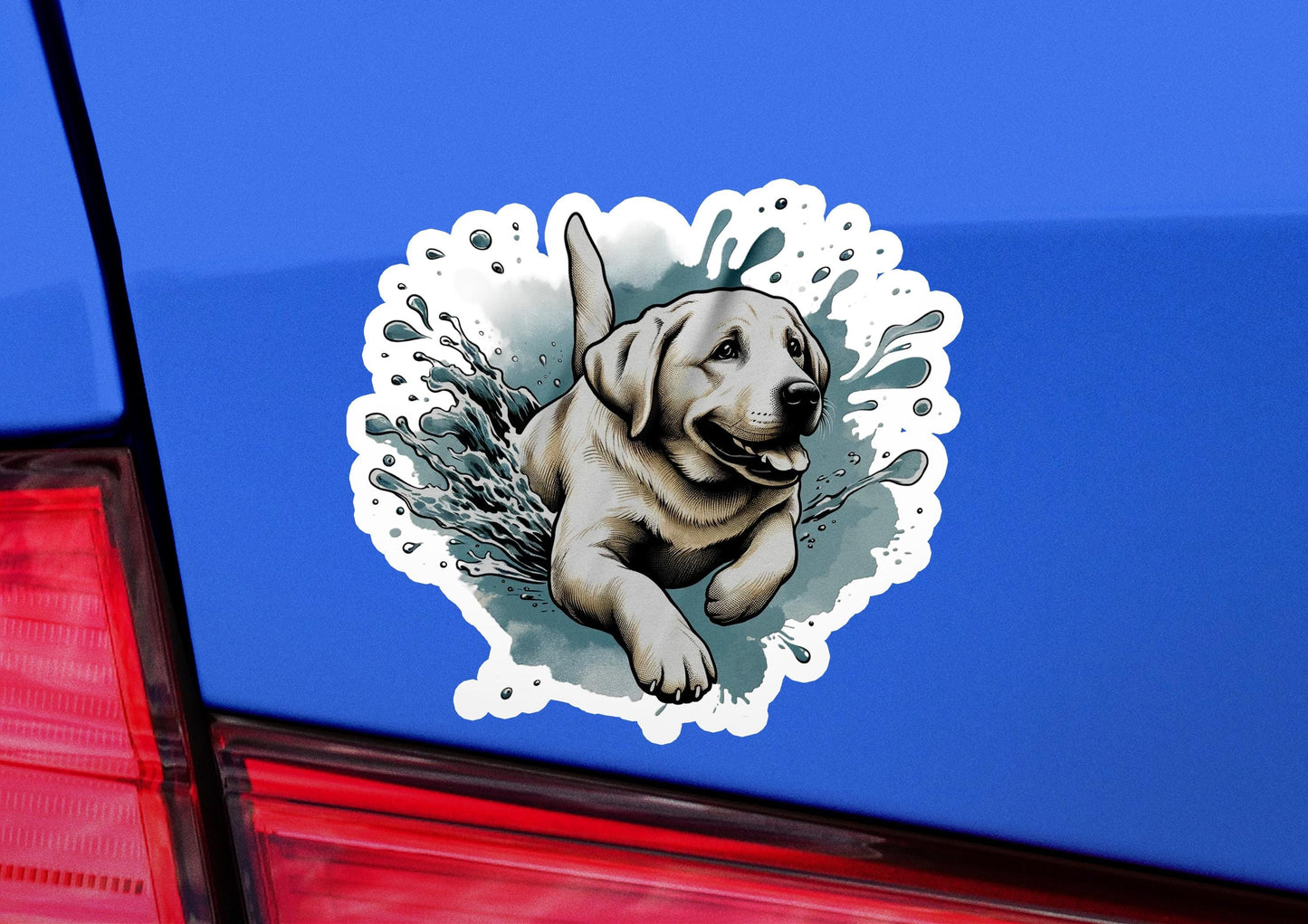 a dog sticker on the back of a blue car
