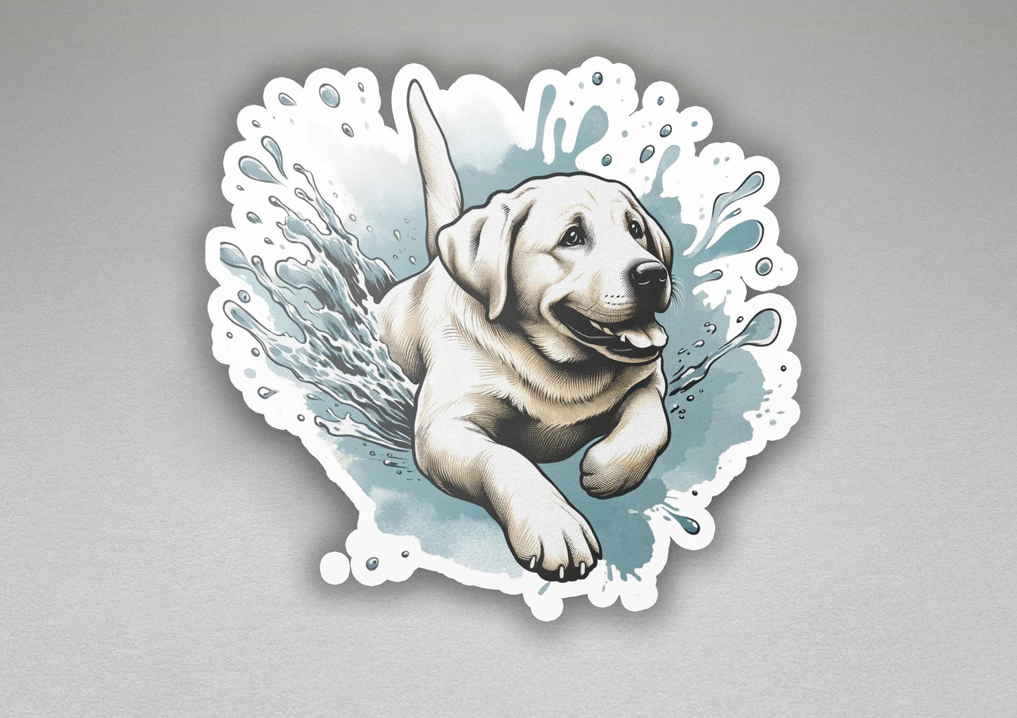 a sticker of a dog running through water
